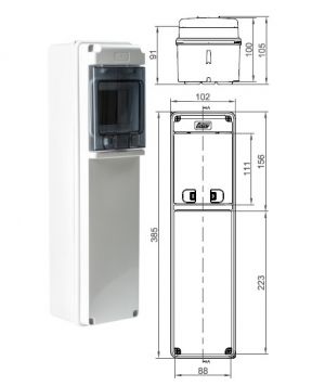 IP65 wall distributor 1x4TE with mounting rail and transparent. flap