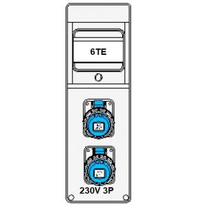 44629 Socket distributor 2x 230V 3-pin IP65 single row 6 modules/TE - 2x camping socket sloping 16A 230V 3-pin blue