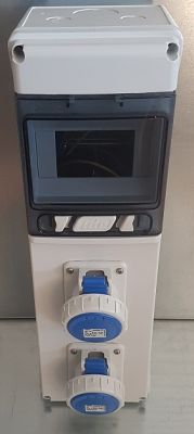 44629 Socket distributor 2x 230V 3-pin IP65 single row 6 modules/TE - 2x camping socket sloping 16A 230V 3-pin blue