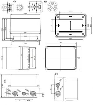 GSVT231 Kunststoffgehäuse mit Tüllen 241x180x175mm LBH grau mit transparentem Deckel IP65-IP67