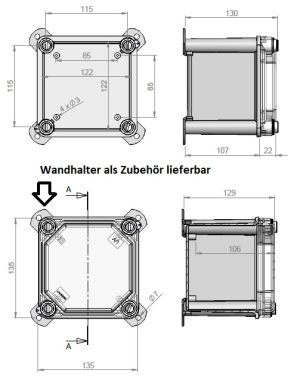 IP66 Industriegehäuse 135x135x129 mm LBH mit Sichtdeckel klar