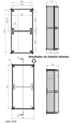 ISO GFK Industriegehäuse 720x360x201 mm LBH Sichtdeckel