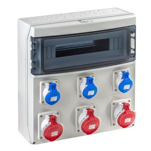 Wandverteiler IP65 18TE mit 3x 230V 3P und 3x 32A 5p 400V Steckdosen IP44 vorverdrahtet ohne Sicherung