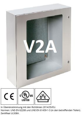 V2A stainless steel enclosure 400x400x200mm HBT IP66 304L with viewing panel and mounting plate