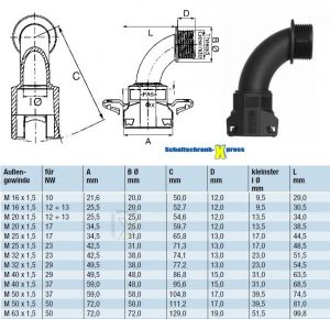 angle 90° screw connection M25 metric on corrugated pipe NW17