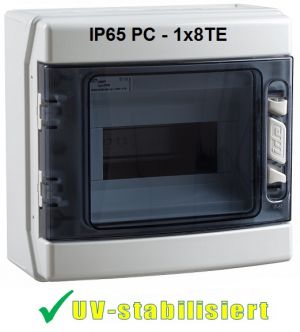 IP65 AP Outdoor Verteiler 8TE 1-reihig mit transp. Klappe uv-stabilisiert - mit Tragschiene und Anschlussklemme