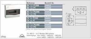 IP40 AP Verteilergehäuse weiß 1-reihig 12TE mit Tragschiene + N/PE-Klemme
