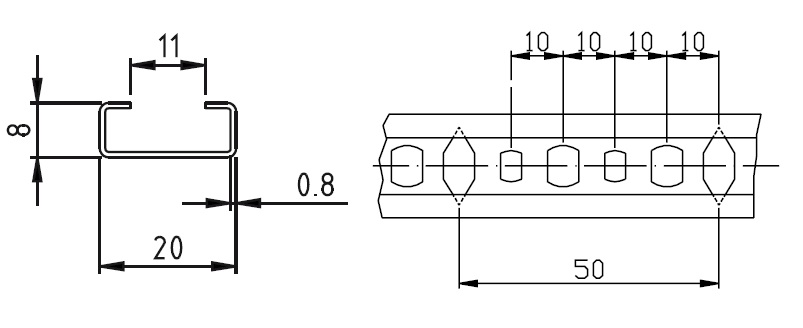 C-Profilschiene verzinkt,gelocht 2000x20x8mm, Stärke 1,50mm, Schlitzbreite  16,5mm