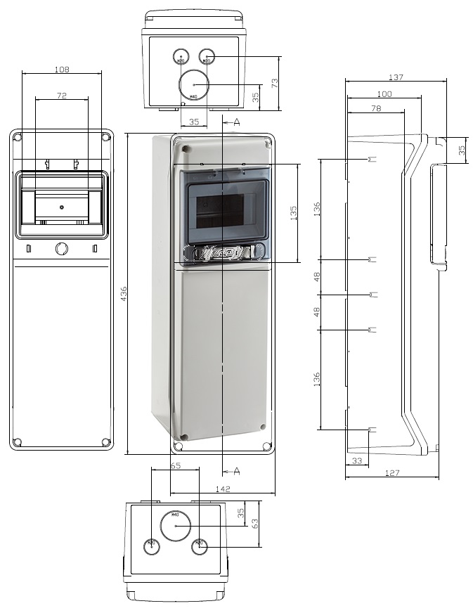 Wandverteiler 44637 6TE IP65 mit 4x 230V blau Steckdosen IP54