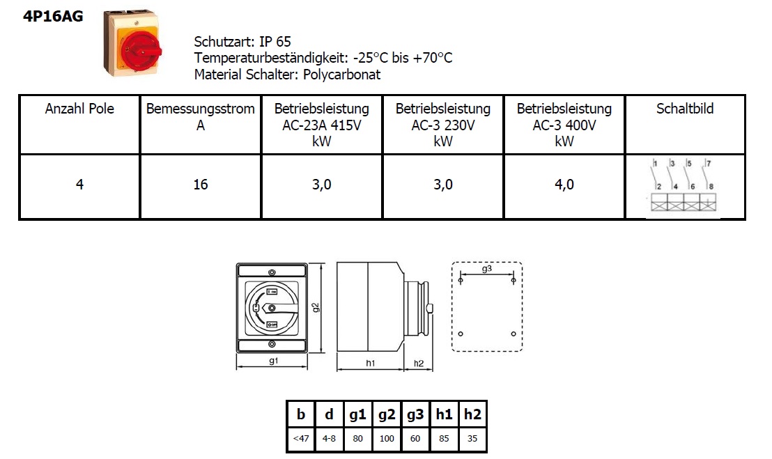 Hauptschalter mit Gehäuse 4-polig 16A IP65 - Professionelle Gehäuselösungen  in großer Auswahl ab Lager