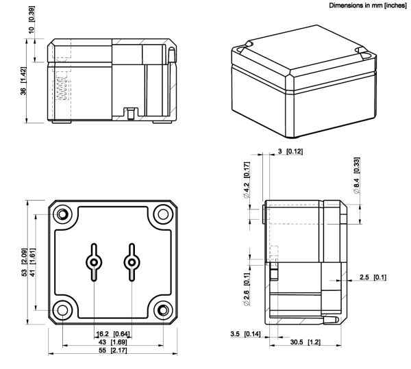 IP66 ABS-Kunststoff Leergehäuse glatt OT klar  55x53x36mm