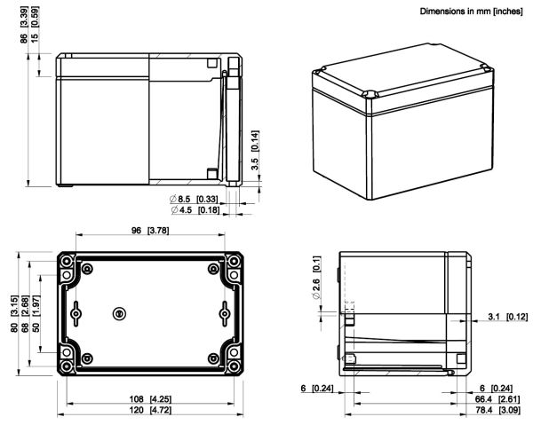 IP66 ABS Klemmkasten glatt OT grau 120x80x86mm