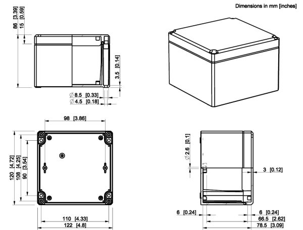 IP66 ABS Klemmkasten glatt OT grau  122x120x86mm