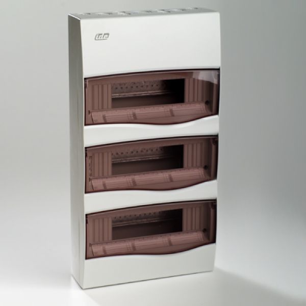 IP40 AP Verteilergehäuse 3x12TE mit transparenter Klappe, Hutschien + N/PE-Klemme