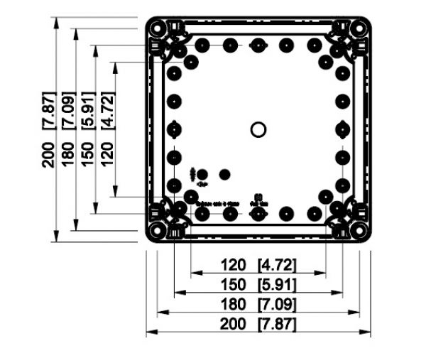 Polycarbonatgehäuse 200x200x132mm IP66 mit glattem Unterteil und transparentem Deckel