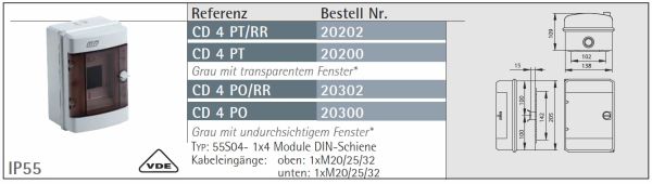 AP Verteiler 1x4TE HS+NPE - IP55 Feuchtraumverteiler grau mit Klappe