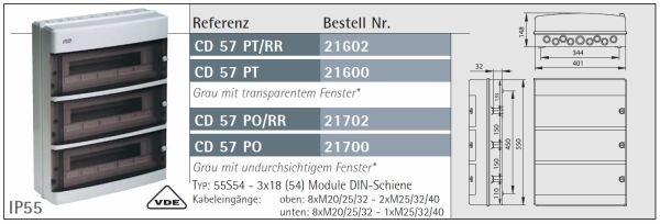 AP Verteiler 3x18TE HS+NPE - Feuchtraumverteiler IP55 grau mit Klappe