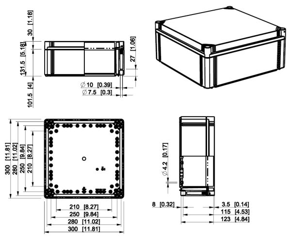 polycarbonate housing 300x300x185mm plastic smooth gray IP66