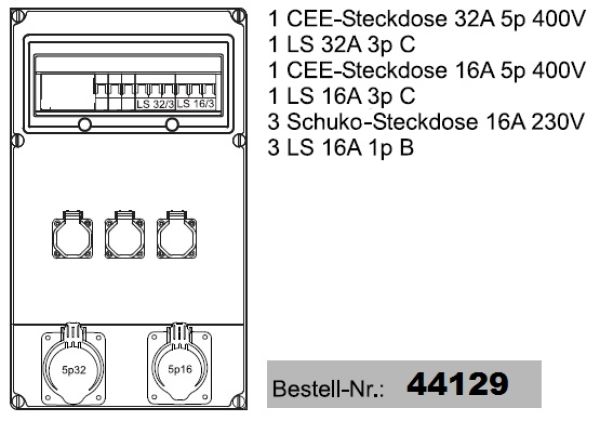CEE wall-mounted distributor 1x32 1x16 3x230V wired ready for connection