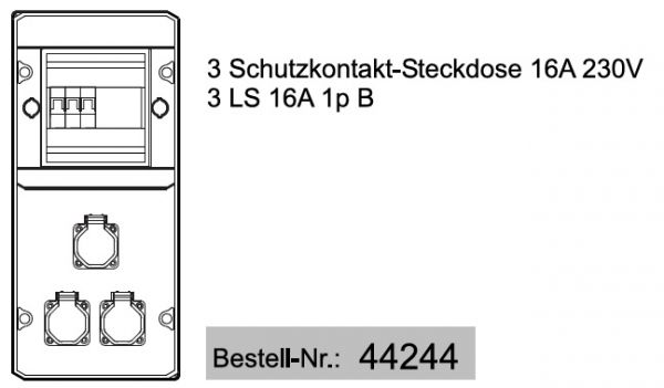 Wandverteiler IP55 6TE mit 3x230V Steckdosen IP44 anschlußfertig mit 3xLS1B16