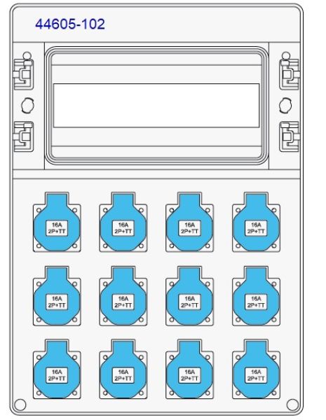 IP65 wall distributor 44605 with 1x 12TE and 12 pre-wired 230V sockets IP44