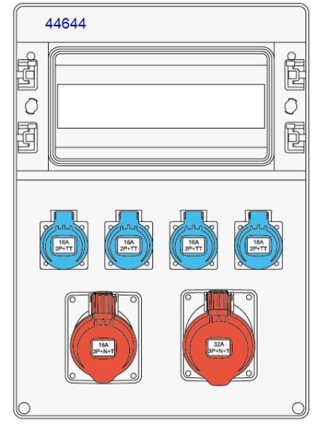 IP65 wall distributor with 1x 12TE with 4x 230V sockets IP44 1x16A 1X32A - pre-wired sockets