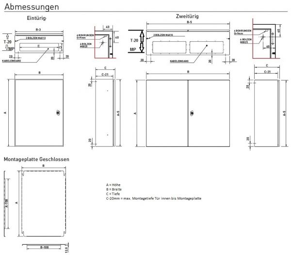 Schaltschrank 800x400x300 mm HBT Stahlblech 1-türig IP66 mit MP und Erdungsband - Kopie