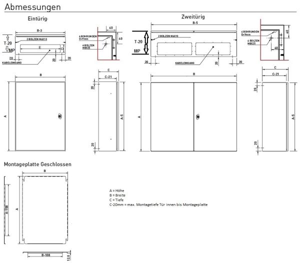 Schaltschrank 800x400x250 mm HBT Stahlblech 1-türig IP66 mit MP und Erdungsband