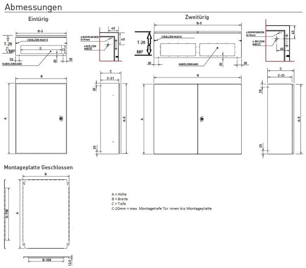 Schaltschrank 300x250x150 mm (HBT) Wandgehäuse Stahlblech1-türig mit verz. MP IP66