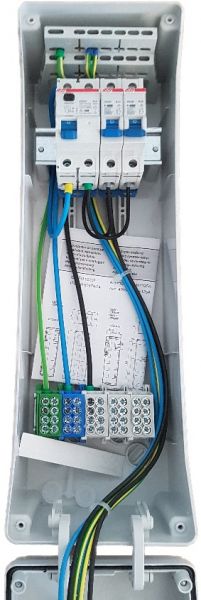 44629-AV Wandverteiler 2x 230V 3-pol IP65 einreihig 6TE/Module mit 2 Campingsteckdosen 16A 230V 3-pol blau anschlußfertig verdrahtet