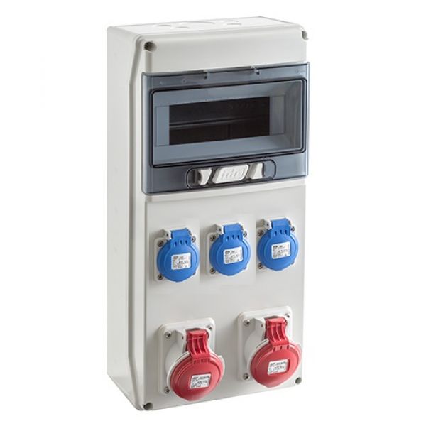 Wall distributor IP65 8HP with 3x 230V blue sockets IP54 + 2x 16A 400V IP44