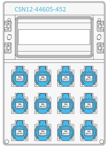 IP65 wall distributor 44605 with 1x 12TE and 12 pre-wired 230V sockets IP54