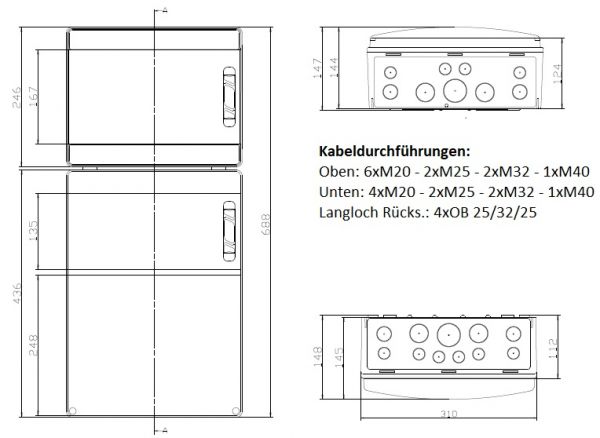 IP65 Wandverteiler 2x12 TE für Steckdosen Leergehäuse mit transp. Klappe mit Tragschiene und Anschlussklemmen