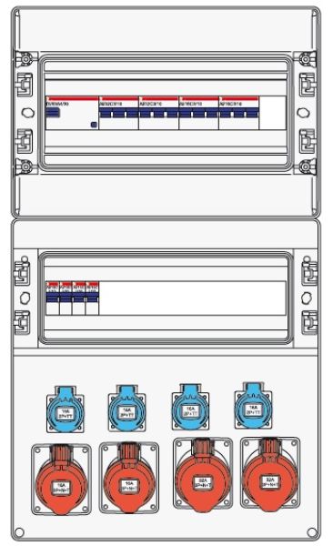 IP65 Wandverteiler 2x18 TE mit 4x230V 2x 16A 1x32A Steckdosen IP44/54 anschlußfertig verdrahtet