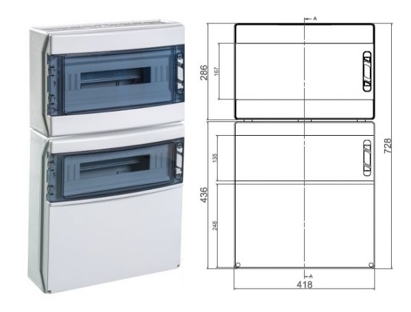 IP65 Wandverteiler 2x18 TE mit 4x230V 2x 16A 1x32A Steckdosen IP44/54 anschlußfertig verdrahtet