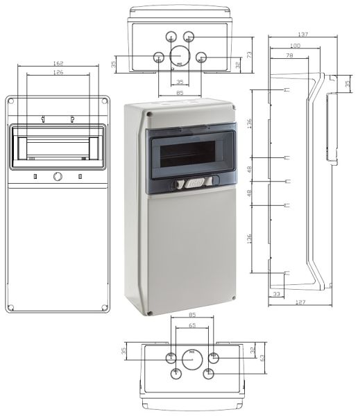 Wall distributor IP65 8HP with 3x 230V blue sockets IP54 + 2x 16A 400V IP44