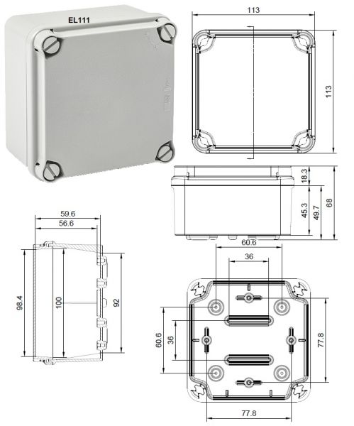 EL111 plastic housing gray 108x108x64mm LWH inside terminal box waterproof 113x113x68 mm HWD