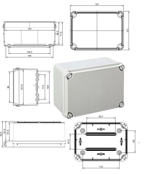 IP65 ABZWEIGDOSE  162x116x76mm LBT mit glatten Seiten