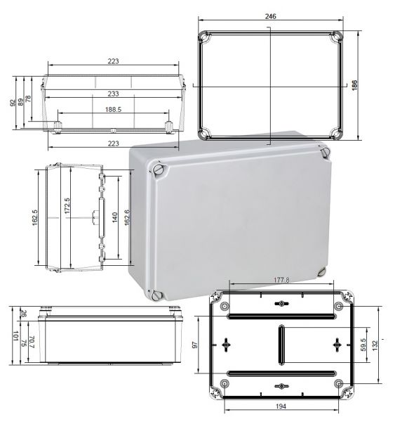 EL231 plastic housing gray 241x180x95mm LWH terminal box waterproof IP65-IP67