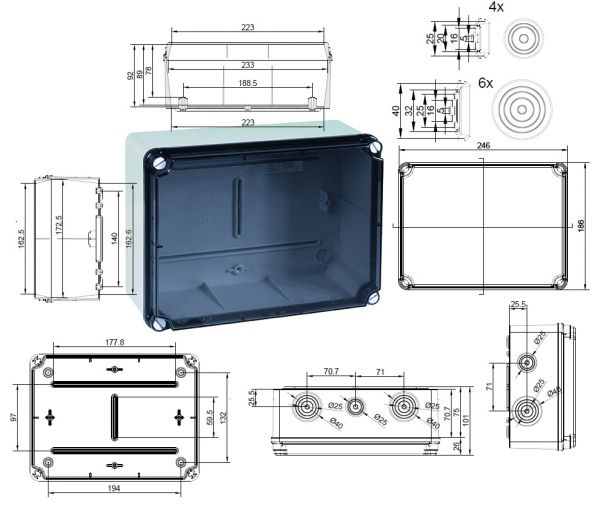 EVT231 plastic housing with grommets 241x180x95mm LWH with transparent cover IP65-IP67