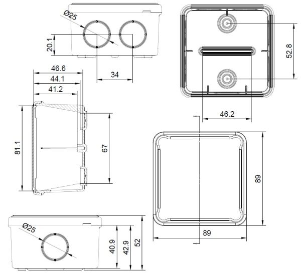 Kunststoff Abzweigdose 84x84x50 mm Aufputz Verteilerdose vorgeprägt 7xM25