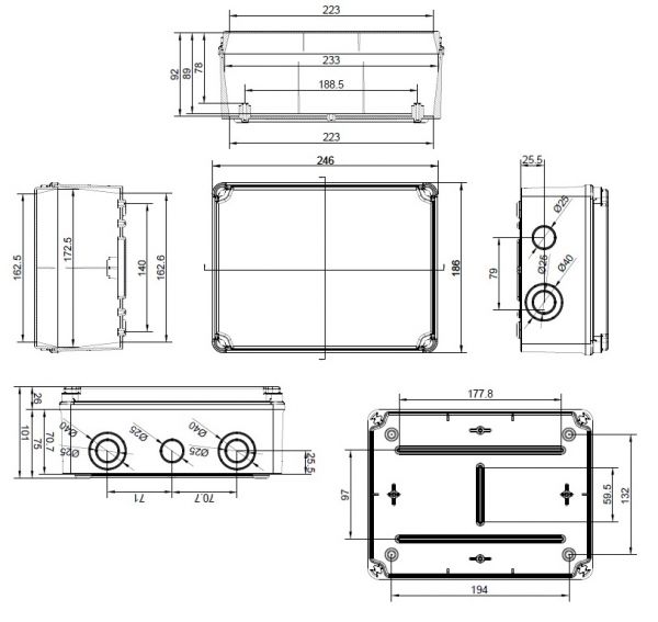 EXT231 Kunststoffgehäuse vorgeprägt 241x180x95mm LBH mit transparentem Deckel IP65-IP67