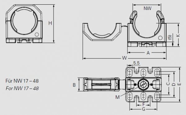 Corrugated tube holder NW17 black with flange