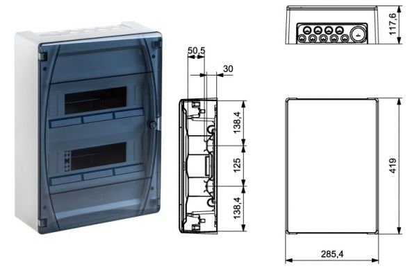 IP40 AP Verteilergehäuse 24TE (2x 12TE ) mit transparenter Klappe, Tragschinenen und N/PE-Klemme IP40 AP Verteilergehäuse 24TE (2x 12TE ) mit transparenter Klappe, Tragschinenen und N/PE-Klemme