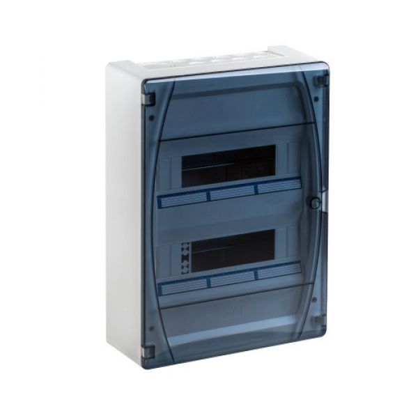 IP40 AP Verteilergehäuse 24TE (2x 12TE ) mit transparenter Klappe, Tragschinenen und N/PE-Klemme IP40 AP Verteilergehäuse 24TE (2x 12TE ) mit transparenter Klappe, Tragschinenen und N/PE-Klemme