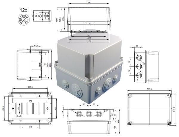 INDUSTRIEGEHÄUSE LBT 328x239x188mm mit elastischen Tüllen