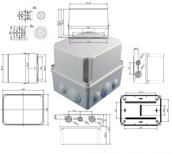 GSV231 plastic housing with grommets 241x180x175mm LWH gray terminal box IP65-IP67