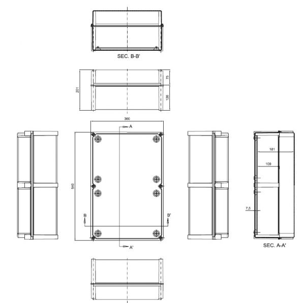 ISO GFK Kunststoff Industriegehäuse 540x360x201 mm LBH - Deckel grau