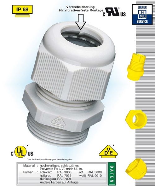 100 PA6 cable glands M20x1.5 KB6-12mm IP68 light grey