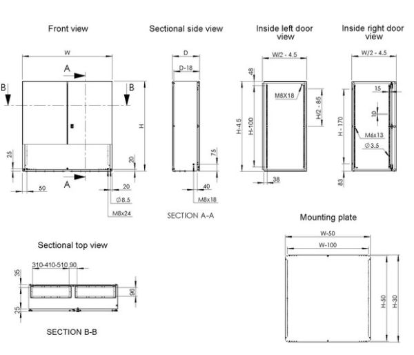 IP55 Schaltschrank 800x1200x300 mm (HBT) 2-türig RAL7035 incl. Montageplatte